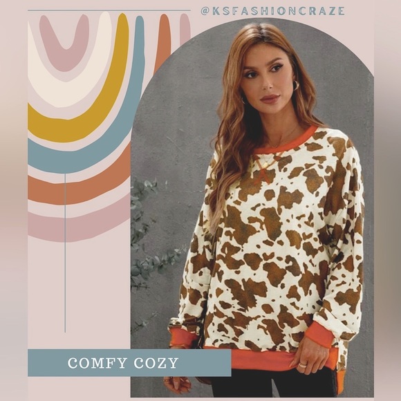 #1356 Super Cozy Cow Print Long Sleeve Sweater Top - Picture 1 of 17